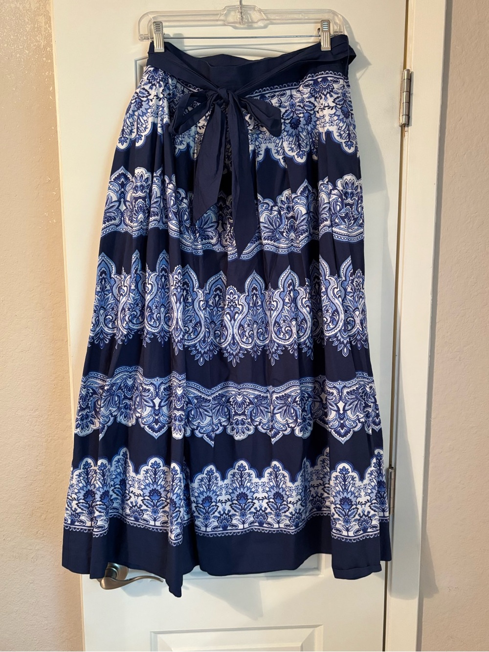 Talbots Navy Blue & White Printed A-Line Maxi Skirt with Waist Tie